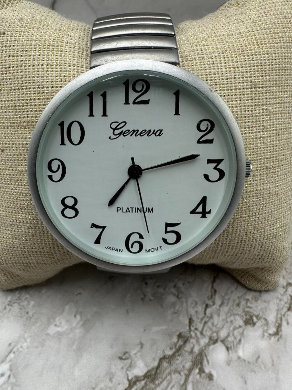 3/$30 Geneva Women's Watch Matte Silver 43mm Large Dial Stretch Band New Battery